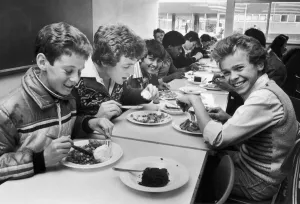Canteens Prints: Pupils at the Sidney Stringer school, Coventry seen here enjoying their school dinner