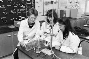 Schoolchildren Prints: Pure chemistry... Greenhead College science students (from left) Andrew Maxwell