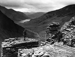 Mountain Prints: Quarrying green slate. Lowering slate down the side of Yew Crags on the east side of