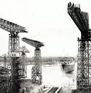 Cruise Prints: Queen Elizabeth 2 launch on the Clyde at John Browns 1967 QE2 ship cranes