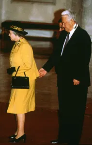 Russia Prints: Queen Elizabeth with Boris Yeltsin standing behind and appearing to pinch the monarch