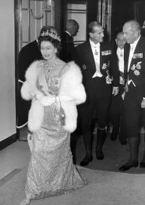 QUEEN ELIZABETH II ARRIVES FOR A BANQUET AT CLARIDGES FOLLOWED BY THE DUKE OF EDINBURGH