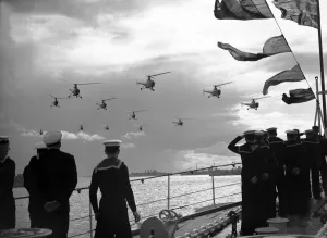 Helicopters Prints: Queen Elizabeth II Coronation Fleet Review June 1953. The crew on one of the ships