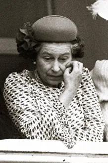 Scratching Prints: Queen Elizabeth II Derby day Epsom 1982 Scratching face looking down thinking