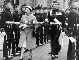 Queen Elizabeth II inspecting the Guard of Honour of the Royal highland Fusiliers