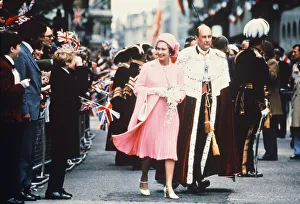 Queen Elizabeth II & Lord Mayor of London walk to Guildhall, for lunch