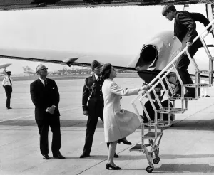 Queen Elizabeth II with Prince Charles at Heathrow Airport before leaving for