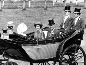 Ascot Prints: Queen Elizabeth II with Prince Philip driving up the course at Royal Ascot