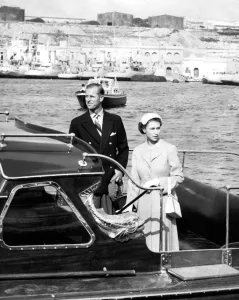 Commonwealth Prints: Queen Elizabeth II and Prince Philip leave Malta harbour to go aboard the Royal Yatch