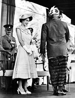 Queen Elizabeth II and Prince Philip meeting dignitaries in Aden during the Royal Tour of