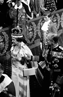 Queen Elizabeth II and Prince Philip at the state opening of Parliament. June 1987