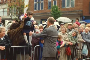 Queen Elizabeth II and Prince Philip visit Cumbria 3 May 1991- during a walkabout meeting