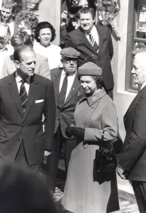 Queen Elizabeth II and Prince Philip visiting the set of Coronation Street. May 1982