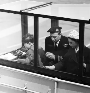Queen Elizabeth II and the Prince of Wales visit HMS Eagle at Weymouth. 29th April 1959