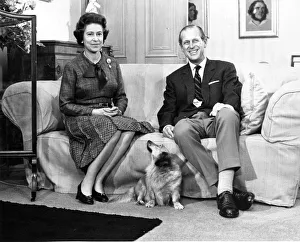 00082 Prints: Queen Elizabeth II, Princess Elizabeth with Prince Philip and one of the family corgi