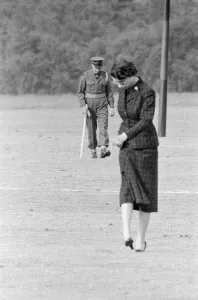 00360 Prints: Queen Elizabeth II stamping down the earth on a Polo field Household Brigades Polo