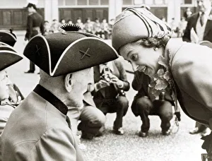 00178 Prints: Queen Elizabeth II talking to 93-year-old Bill Avery Chelsea Pensioners on Parade