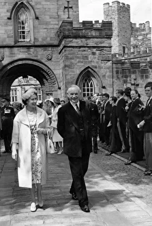 00086 Prints: Queen Elizabeth II during a visit to the city of Durham leaves the mellow walls of Durham