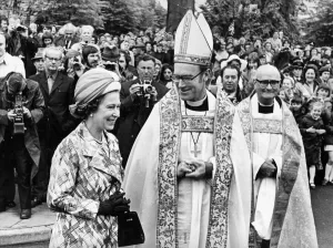 Photographers Prints: Queen Elizabeth II during a visit to Hexham Abbey with Bishop of Newcastle Rt Rev Ronald