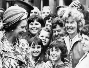 Queen Elizabeth II during a visit to Hexham Abbey meeting crowds of well- wishers