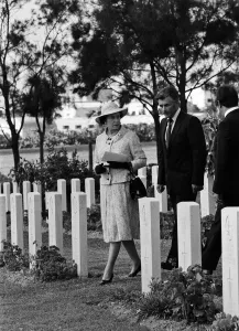 Queen Elizabeth II visits Massicault War Cemetery in Tunis, Tunisia. 21st October 1980