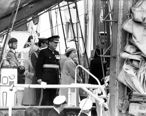 Queen Elizabeth II visits the North- East meeting crew members of a sailing ship
