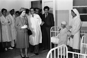 Queen Elizabeth II visits the victims of El Asnam earthquake in hospital in Algiers