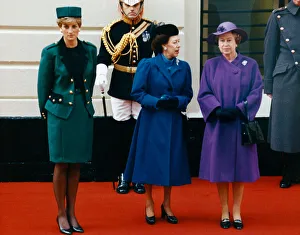 Queen Elizabeth with Princess Margaret and Princess Diana waiting to greet the Italian