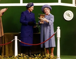 Purple Prints: Queen Elizabeth and the Queen Mother March 1990 at Sandown Horseracing holding