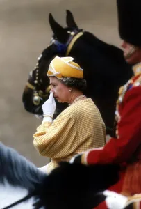 Queen Elizabeth at the Trooping of the Colour on Horse Guards Parade picking her nose