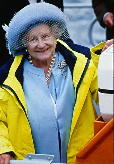 Queen Mother August 1989 wearing a yellow mac after naming Thurso lifeboat