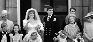 Queen Mother with Duke and Duchess of York on the balcony at Buckingham Palace after
