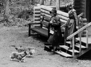 Corgi Prints: Queen Mother June 1983 and her Lady in waiting coming out of her Bothey with her beloved