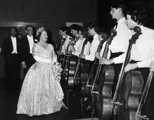 Musicians Prints: Queen Mother meeting members of the National Youth Orchestra as she attends their concert