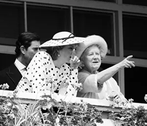 Queen Mother with Prince Charles and Princess Diana at Royal Ascot. 15th June 1988