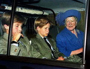 Queen Mother with Prince William and Harry leaving Crathie in car