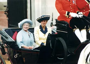 Queen Mother with Princess Diana leaving Buckingham Palace in a Royal carriage