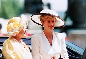 00084 Prints: Queen Mother rides in an open top carriage with Princess Diana during the Trooping