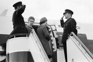 00859 Prints: The Queen and Princess Anne, pictured at London Heathrow Airport, 2nd March 1970