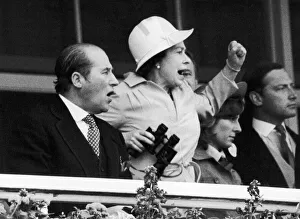 Binoculars Prints: The Queen and her racing manager Lord Porchester watch the finish of the 1978 Epsom Derby
