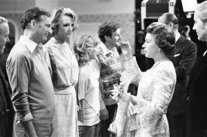 The Queen visits cast and crew on the set of BBC TV Series The Good Life