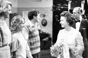 00372 Prints: The Queen visits cast and crew on the set of BBC TV Series The Good Life