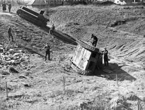R A O C men learning the recovering of capsizes tanks at a Midlands training centre