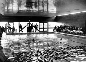 Students Prints: A race in progress in the new pool during the swimming gala that followed the opening of