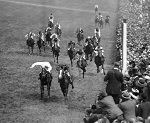 Jockey Prints: Racehorse Humorist ridden by jockey Steve Donaghue wins the Epsom Derby, June 1921