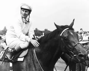 1979 Prints: Racehorse Troy with jockey Willie Carson in the winners enclosure after winning the King