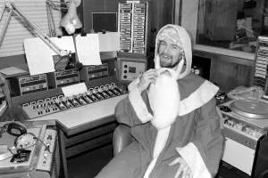 Radio One Disc Jockey Noel Edmonds dressed as Father Christmas on his breakfast show