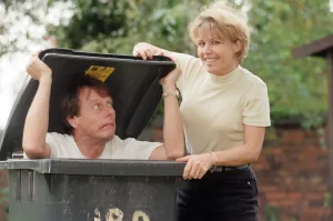 Radio WM presenters, Tony Wadsworth in a wheelie bin and Julie Mayer. 17th October 1997