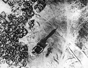 Palestine Prints: RAF aerial photo of a bomb bursting close to a fort on the Palestine Front Circa June