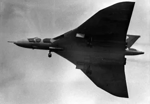 Museums Prints: A RAF Avro Vulcan V-bomber flys over Sunderland Airport prior to a Vulcan becoming an